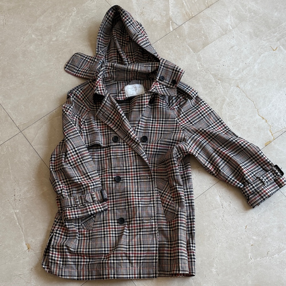 Zara womens Plaid Hooded Trench Coat - Tan/Black Check